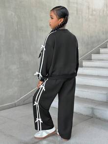 SHEIN 2 件套青少年女孩撞色蝴蝶结运动衫和紧身裤套装，休闲日常百搭时尚 - 黑色 - 查看 6