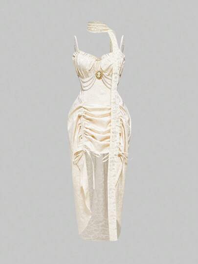 Kawaii Women's Fashionable Elegant Pleated Pearl Chain Strap Dress