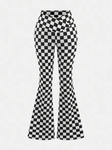 青少年女孩时尚简约黑白格纹高腰喇叭腿针织裤 - 黑與白 - 查看 1