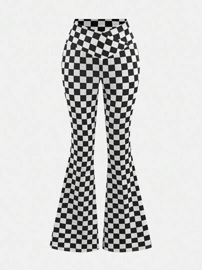 Tween Girl Fashionable Minimalist Black & White Checkered High Waist Flare Leg Knit Pants Checkered Girls Checkered Pants Bell Bottoms Checkered Flared Pants Fall Winter