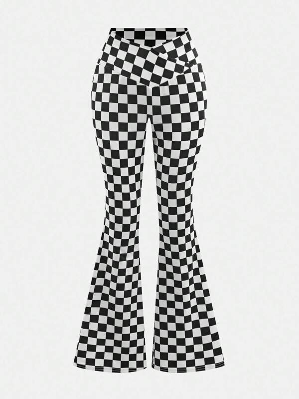 Tween Girl Fashionable Minimalist Black & White Checkered High Waist Flare Leg Knit Pants Checkered Girls Checkered Pants Bell Bottoms Checkered Flared Pants Fall Winter