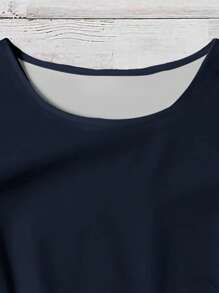 EMERY ROSE Plus Size Summer Casual Solid Color Flutter Sleeve Shirt - Navy Blue - View 4