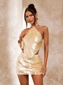 SHEIN BAE Váy mini bodycon cạp trễ đính sequin và vỏ sò màu mơ, váy sequin vỏ sò, váy đi biển, váy mini mùa hè thanh lịch, lễ hội âm nhạc, tiệc tùng - Màu be - Xem 6