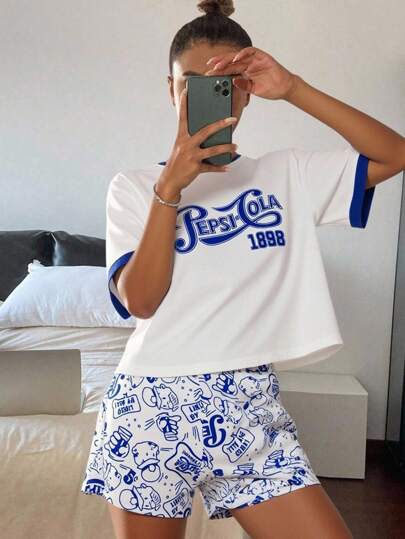 PEPSI X SHEIN Women's Letter Graphic Basic Casual Cola Pattern T-Shirt & Shorts Pajama Set, Back To School, Fall And Winter