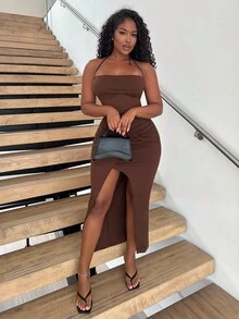 Alexandranx Women's Sexy Split Twist Knot Strapless Cropped Top & Skirt Set, Spring/Summer - Brown - View 5