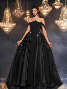 Glamrae 优雅的黑色针织拼布缎面光泽不对称抹胸巴斯克腰部碰撞白色奢华串珠丝带超喇叭 A 字裙，配有可调节系带，适合约会、单身派对、婚礼、活动、度假、返校、正式场合 - 黑色 - 查看 5