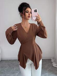 Elenzga Camisa elegante francesa de mujer con cintura ceñida y mangas largas, blusa elegante y con estilo - Café integral - Ver 4