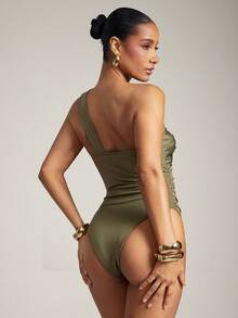 Hauture 女士性感褶皱腰弹力紧身衣，搭配时尚金属饰边，适合办公室和休闲风格 - 橄欖綠 - 查看 5