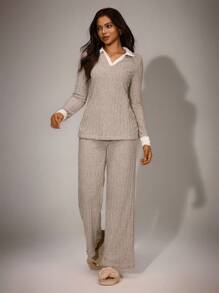 Lazeform Contrast Color Collar Casual Ribbed Women Home Lounge Set Cozy Outfit, Fall Winter Clothes - Multicolor - View 7