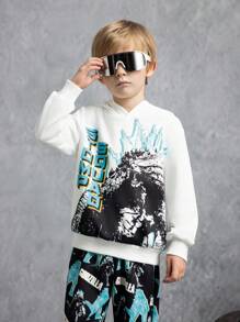 GODZILLAxKONG X SHEIN Bộ 2 chiếc/Bộ áo hoodie dài tay in chữ Monster cho bé trai và quần nỉ dáng rộng - Đen và trắng - Xem 7