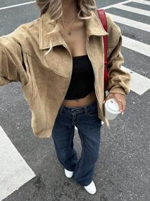 SHEIN EZwear 女式纯色简约休闲长袖夹克 - 棕色 - 查看 6