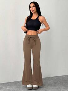 SHEIN PETITE 女式休闲灰色针织松紧腰喇叭运动裤 - 棕色 - 查看 6