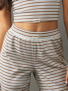 Missguided x Playboy Gestreifte Weit geschnittene Hose, gerippte Strick Palazzo Hose im Retro-Stil mit hoher Taille, lässige Schlaghose für Herbst und Winter mit Tunnelzug Bund - Verschiedenfarbig - Übersicht 6