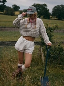 MUSERA 棉质府绸蕾丝边迷你短裤，可爱街头风，适合节日、农舍乡村风、复古风，春季情人节、复活节、夏季假期等节日穿着。 - 白色 - 查看 2