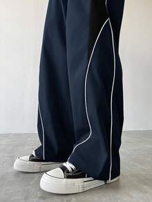 Manfinity EMRG Men's Casual Color Block Drawstring Straight Leg Pants, Loose Fit Long Patchwork Black Straight Leg Sweatpants, Fall - Navy Blue - View 4