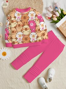 SHEIN Happikins 2pcs Young Girl Casual Cute Capybara Cartoon Animal Print Crew Neck Long Sleeve Sweatshirt And Leggings Set, Suitable For Autumn/Winter Fall - Multicolor - View 3