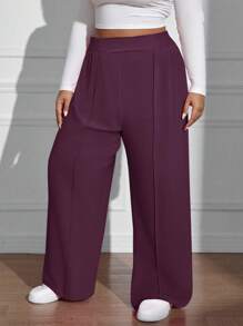 SHEIN EZwear Gerade geschnittene Hose Einfarbig für Große Größen, minimalistischer Stil, geeignet für den Alltag - Bordeaux - Übersicht 4