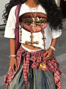 Rovax Women's Fashionable Lip & Chain Print Short Sleeve T-Shirt, Summer - White - View 1