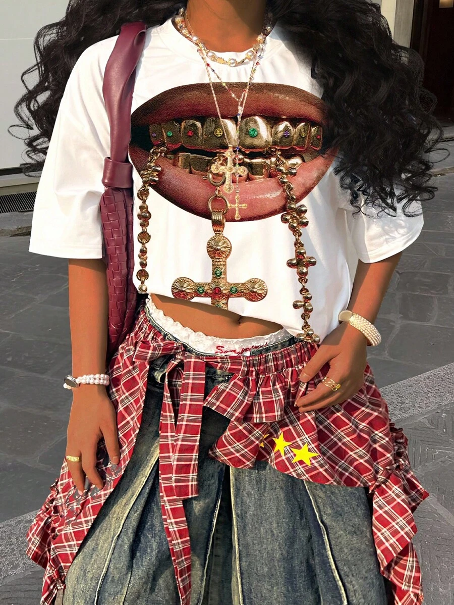 Rovax Women's Fashionable Lip & Chain Print Short Sleeve T-Shirt, Summer - White - View 1