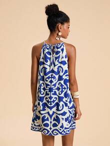 Travachic Sukienka mini z nadrukiem na całej powierzchni i odkrytymi ramionami na wakacje - Niebieski i biały - Zobacz 2