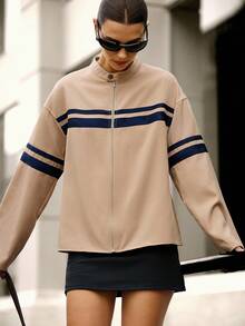 Hanevo 女士休闲时尚街头撞色条纹印花宽松版型夹克，春秋 - 卡其色 - 查看 5