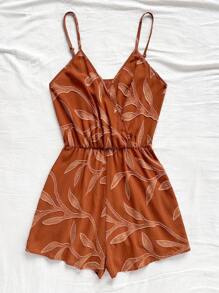 Soleia 女士细肩带交叉裹腰休闲连体裤女士夏季连体裤树叶印花连身裤 - 棕色 - 查看 5