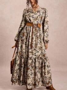 Freevana Vestido maxi de manga larga con estampado de flores para mujer de talla grande, cómodo y fluido, para otoño e invierno. Vestido maxi de invierno con cuello en V para mujeres. Disfraz de Halloween de estilo muñeca con vestido largo holgado y casual para salir. Vestido largo de talla grande para salir, vestido maxi de otoño para mujeres.