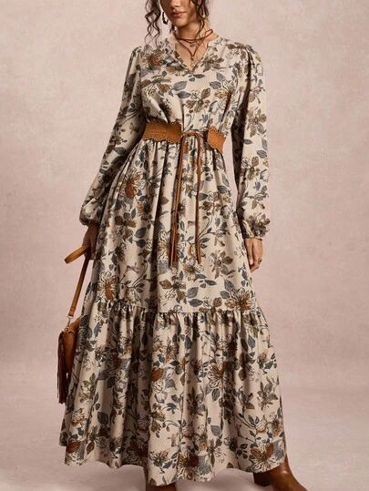 Freevana Plusstorlekar dam höst- och vinterklänning med böljande och mysig passform, blommigt tryck, långärmad vinteroutfit för kvinnor, v-ringad vintermaxiklänning för kvinnor, Halloween-kostymer för kvinnor, långklänning i dockstil, lös avslappnad stil, utflyktskläder, lärarkläder, långklänning i plusstorlek, utflyktsklänning med maxi, höstkläder för kvinnor