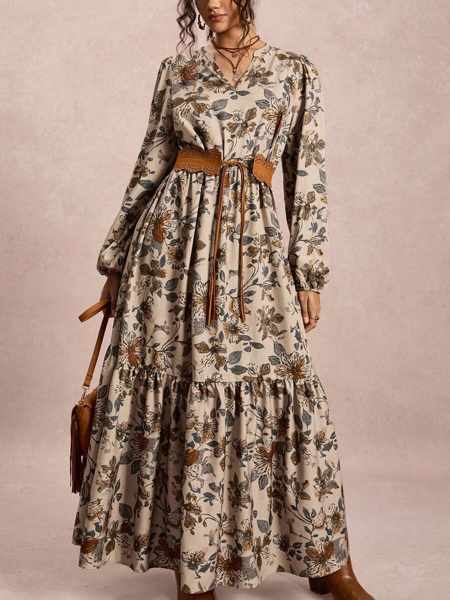 Freevana Vestido maxi de manga larga con estampado de flores para mujer de talla grande, cómodo y fluido, para otoño e invierno. Vestido maxi de invierno con cuello en V para mujeres. Disfraz de Halloween de estilo muñeca con vestido largo holgado y casual para salir. Vestido largo de talla grande para salir, vestido maxi de otoño para mujeres.