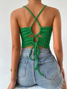 Zielony 女士纯色露背系带露脐修身吊带背心，适合大学穿着