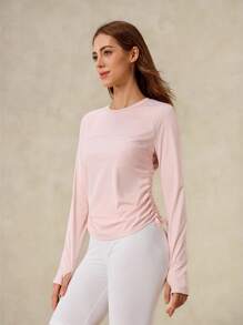 OutZeal 女士户外粉色T恤，适合徒步健身，长袖，防紫外线，触感凉爽，侧边褶皱抽绳带拇指孔