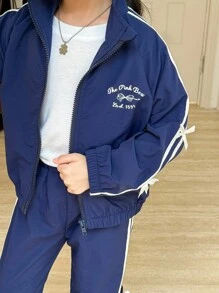 两件套：少女休闲蝴蝶结条纹长袖外套 + 韩版条纹蝴蝶结口袋休闲裤（秋冬款） - 藍白色 - 查看 2