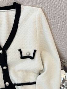 Sparklyn 青少年女孩返校撞色饰边 V 领长袖开衫，经典优雅甜美百搭柔软纱线舒适保暖，秋冬 - 白色 - 查看 4