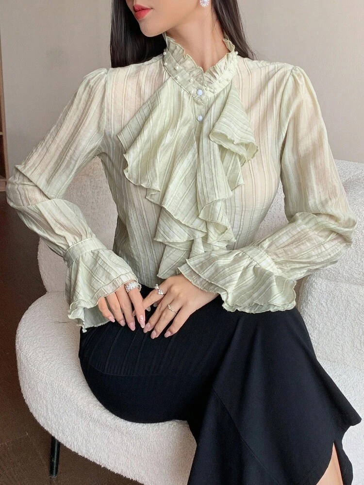 Women's Solid Color Beaded Collar Ruffle Hem Blouse, Autumn Long Sleeve Top