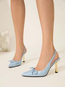 SHEIN X Belle Mariano CUCCOO CHICEST 女士高跟鞋，蝴蝶结装饰，酒红色，适合上班穿，洛丽塔风格 - 藍色 - 查看 4