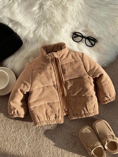 SHEIN Baby/Toddler Padded Coat, Winter Quilted Fleece Thickened Jacket, Fall/Winter All-Match Corduroy Long Sleeve Warm Padded Coat, Comfortable Soft Versatile Daily Wear, Suitable For Indoor, Outdoor, Daily, Sports, Play, Party, Photo Shoot, Festival, Halloween, Christmas