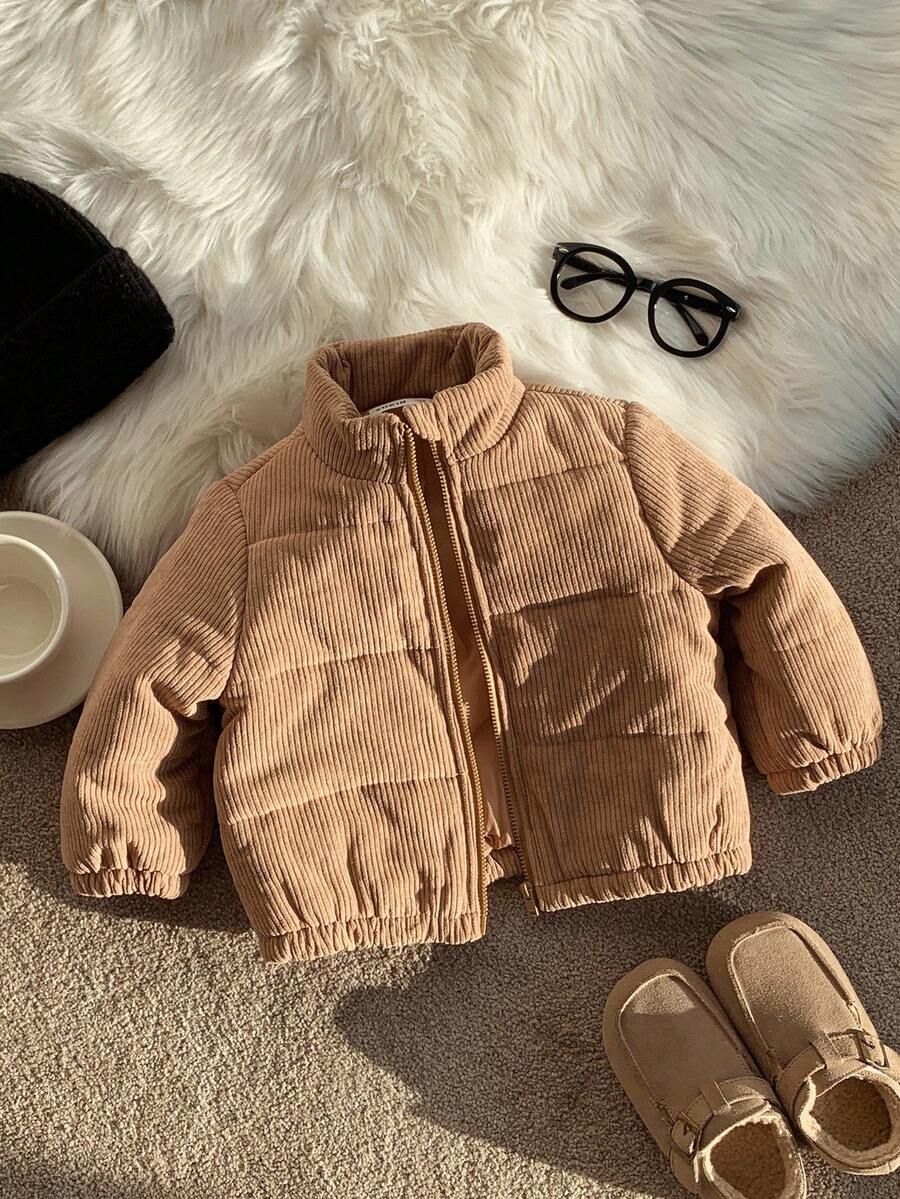 SHEIN Baby/Toddler Padded Coat, Winter Quilted Fleece Thickened Jacket, Fall/Winter All-Match Corduroy Long Sleeve Warm Padded Coat, Comfortable Soft Versatile Daily Wear, Suitable For Indoor, Outdoor, Daily, Sports, Play, Party, Photo Shoot, Festival, Halloween, Christmas - Khaki - View 1