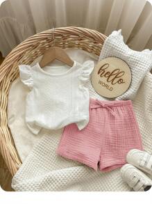 Babygirl 夏季可爱白色上衣和松紧腰短裤套装 - 彩色 - 查看 1