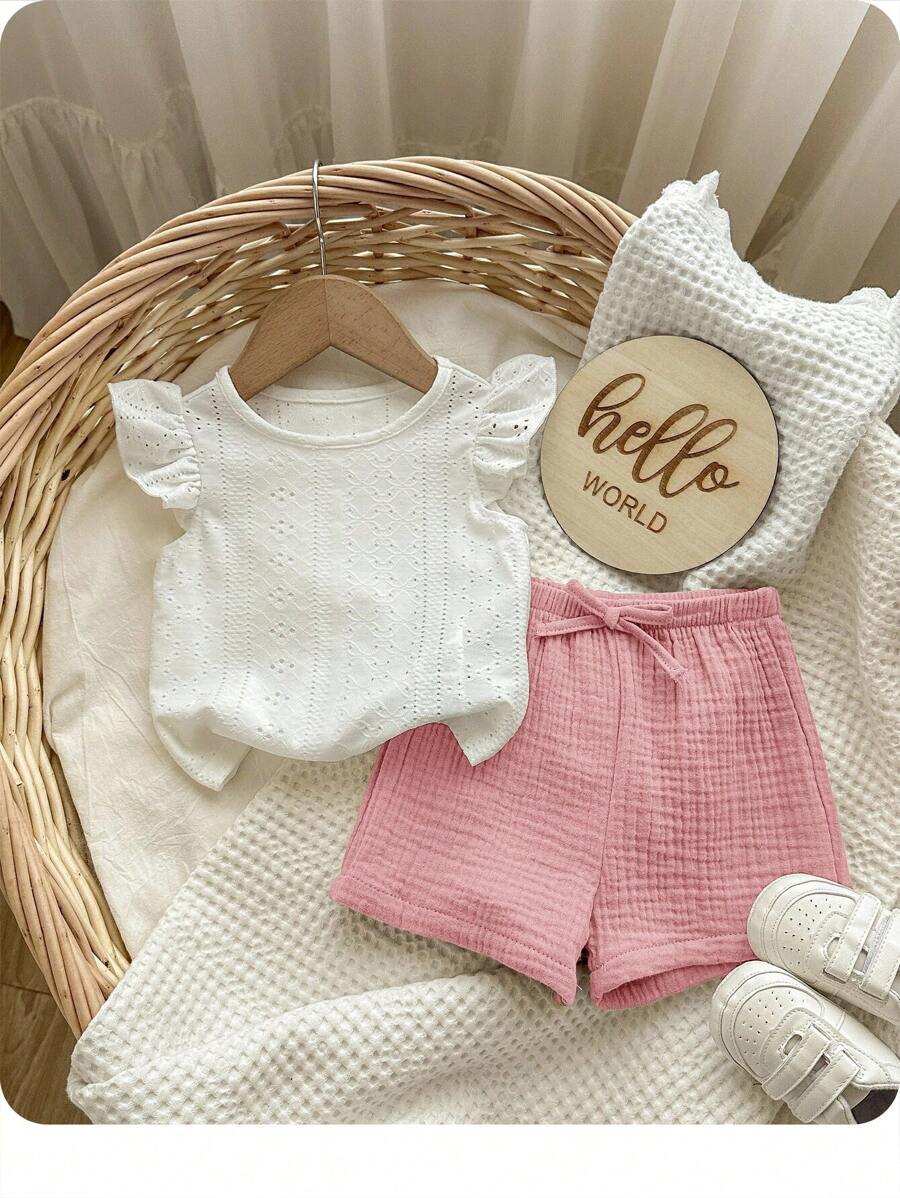 Babygirl 夏季可爱白色上衣和松紧腰短裤套装 - 彩色 - 查看 1