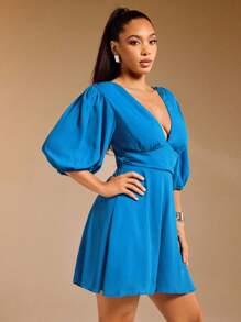 Vixey Women's Summer Minimalist Solid Deep V-Neck Romper, Bright Blue Dress, Blue Vacation Dress, Blue Summer Dress, Lace Up Back Dress, Vacation Outfits For Women - Blue - View 5