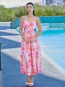 Andrea Bello Đầm hai dây xẻ đùi in họa tiết hoa thời trang đi nghỉ cho nữ - Hồng - Xem 6