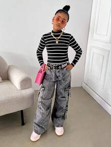 SHEIN 少女黑白条纹修身针织套头长袖T恤，休闲百搭叠穿上衣，Y2K秋冬款 - 黑色 - 查看 3