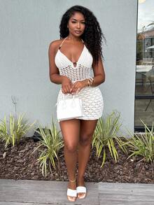 Alexandranx Robe d'été sexy à col en V ajourée avec perles de bois, ajustée. Robe tricotée à fines bretelles et dos nu dégradée, convenant pour les vacances, les rendez-vous, le thé de l'après-midi, les vacances, les festivals de musique, le style bohème