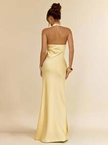SHEIN BAE 女士春夏性感简约纯黄色缎面露背吊带连衣裙，适合派对、鸡尾酒会、正式场合、伴娘、生日庆典 - 黃色 - 查看 2