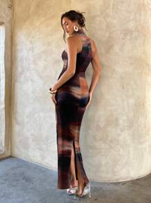 Aloruh Seksowna asymetryczna sukienka maxi z nadrukiem tie-dye na całej szerokości, damska, elegancka, seksowna, z metalową klamrą, z wycięciem, dopasowana, czarna, dzianinowa, elastyczna, odpowiednia na lato, wakacje, imprezę, jesień, weselna, na przyjęcie, elegancka sukienka, sukienka na imprezę