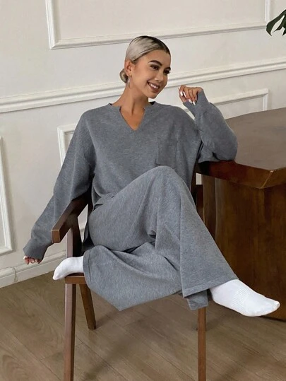 DAZY 女士宽松纯色长袖毛衣和阔腿裤休闲厚款两件套，秋冬