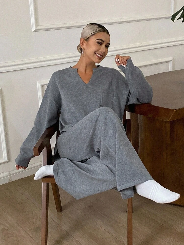 Women's Loose Solid Color Long Sleeve Sweater And Wide Leg Pants Casual Thick 2 Pieces Set, Autumn/Winter