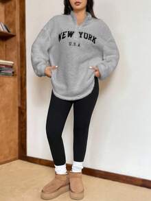 SHEIN EZwear 女式新款字母图案立领双面绒卫衣和紧身绒打底裤套装，秋冬 - 灰色 - 查看 3