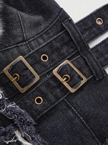 ROMWE Hippie Y2K Detachable Faux Fur Collar Denim Jacket For Women - Black - View 3