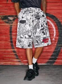 Astro Boy X ROMWE Men's Popart Print Drawstring Waist Wide Leg Casual Shorts - Black and White - View 2